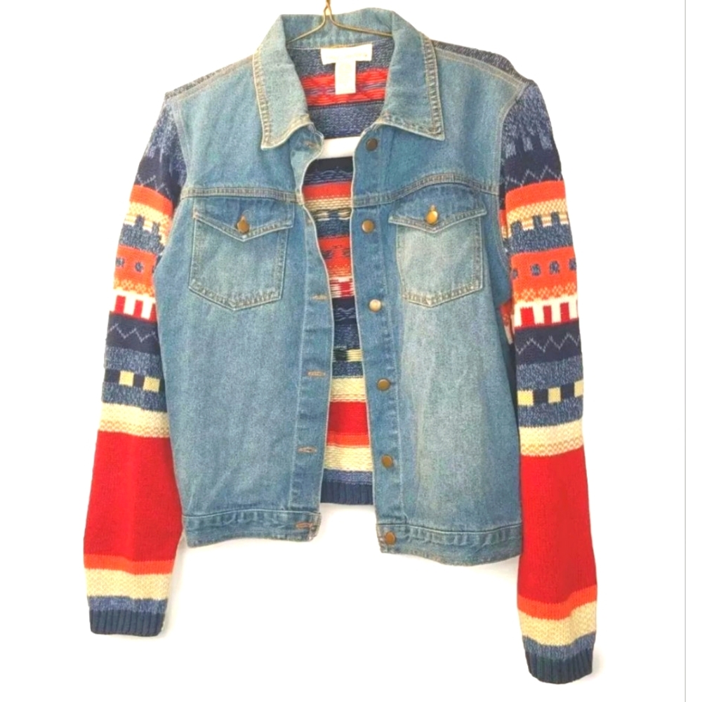 Real Comfort Southwestern Sweater Denim Trucker Jacket Woman Med Navajo Tribal